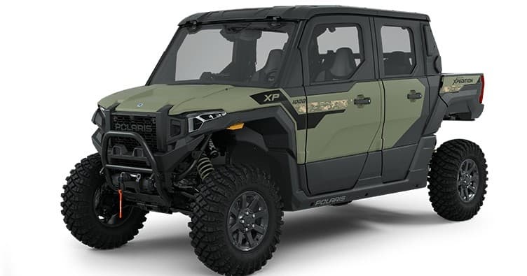 Green crew UTV side-by-side on white backdrop showing four-passenger ride