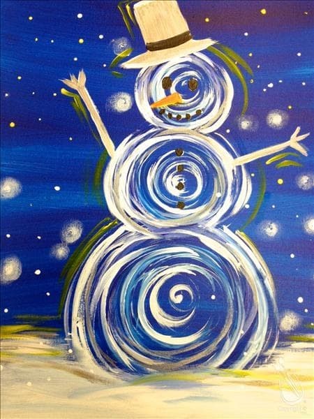 Whimsical snowman canvas painting displayed indoors at studio