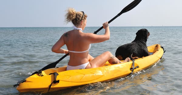 Woman kayaking with dog in calm coastal waters, daytime outing