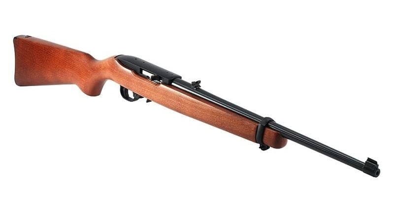 Classic wooden hunting rifle product shot on white background, angled