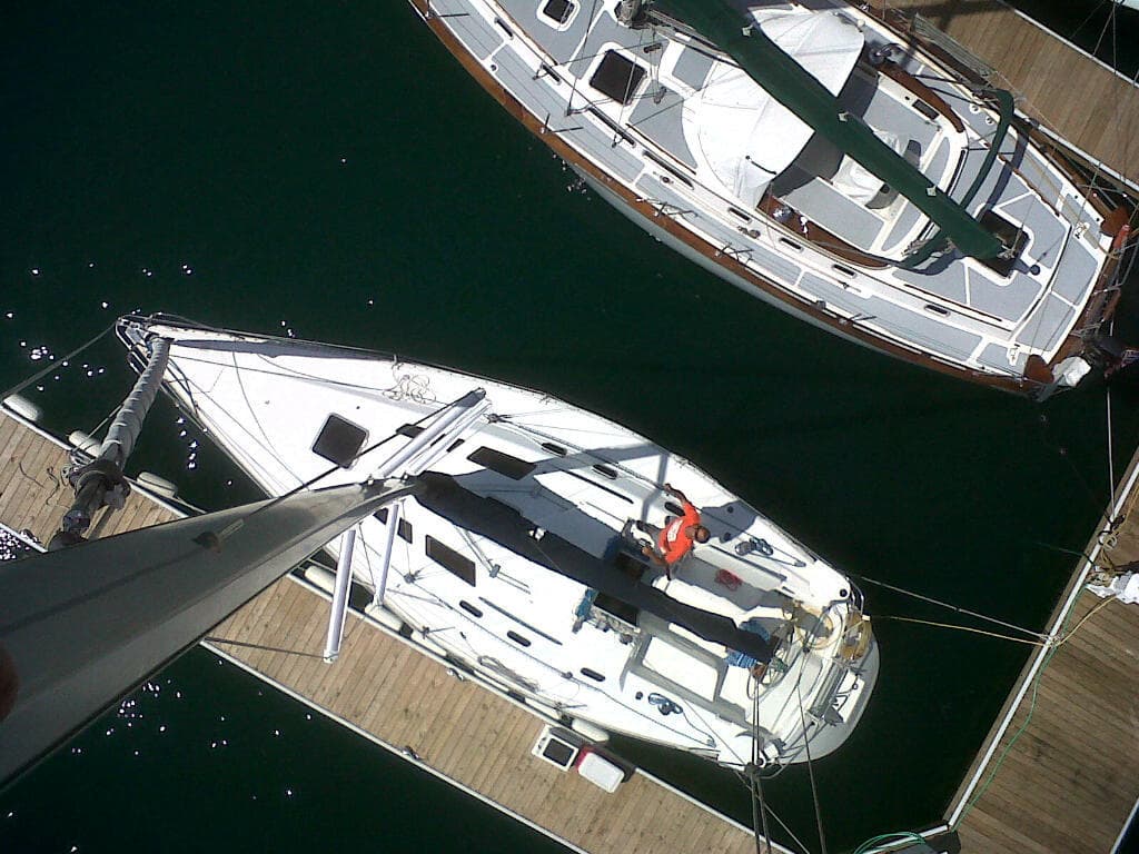 Aerial view of docked sailboats in Chicago marina