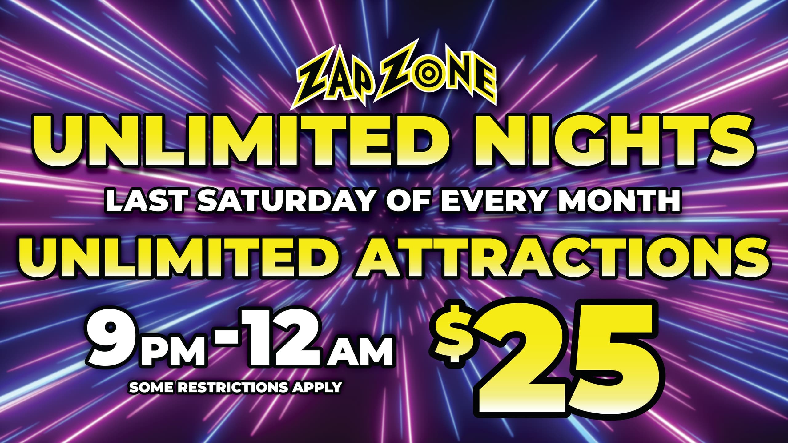 Zap Zone poster promoting unlimited night arcade attractions