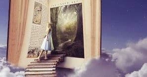 Open storybook doorway with stairs leading into cloud landscape
