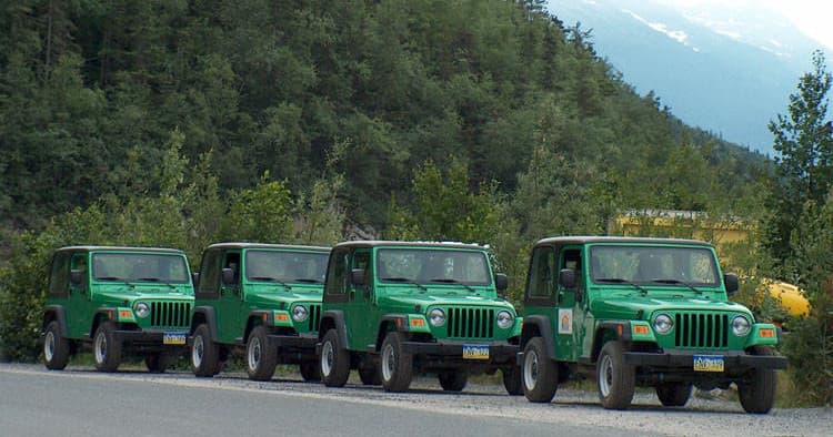 Line of green tour Jeeps along forest road in Alaskan wilderness