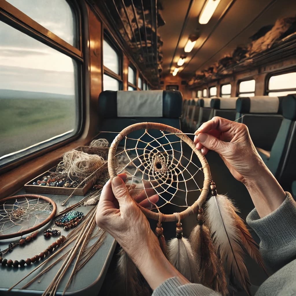 Passenger crafting dreamcatcher during scenic train ride through countryside