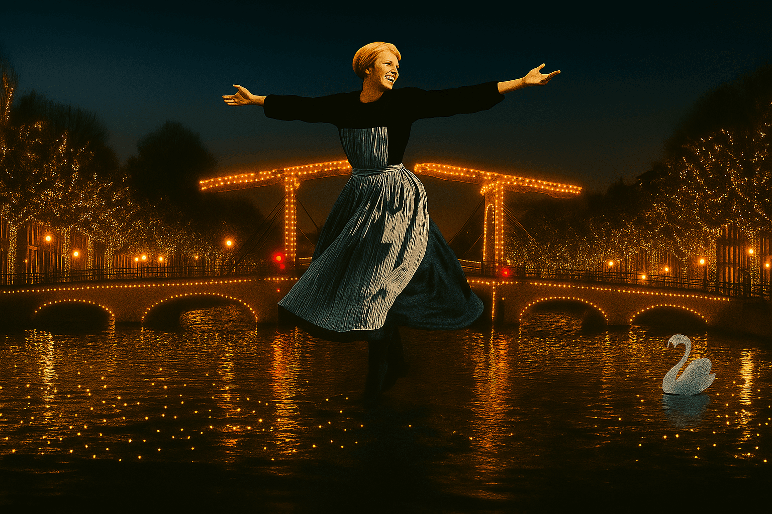 Woman dancing on canal near illuminated bridge in Amsterdam