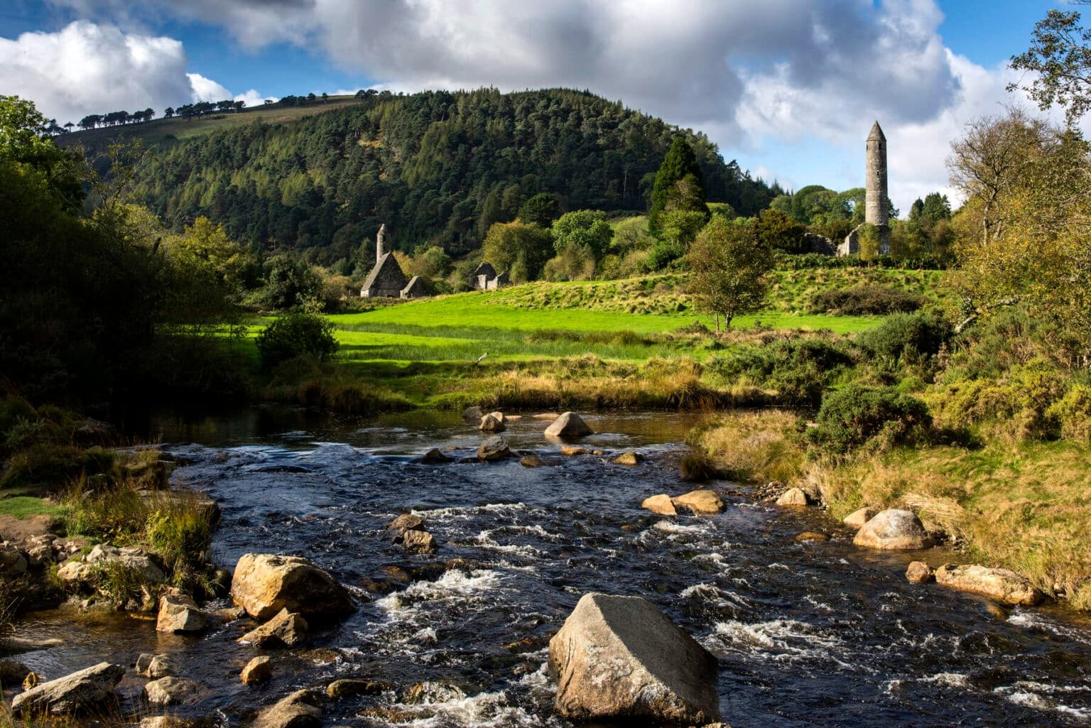 River valley with medieval round tower, hiking and nature walk