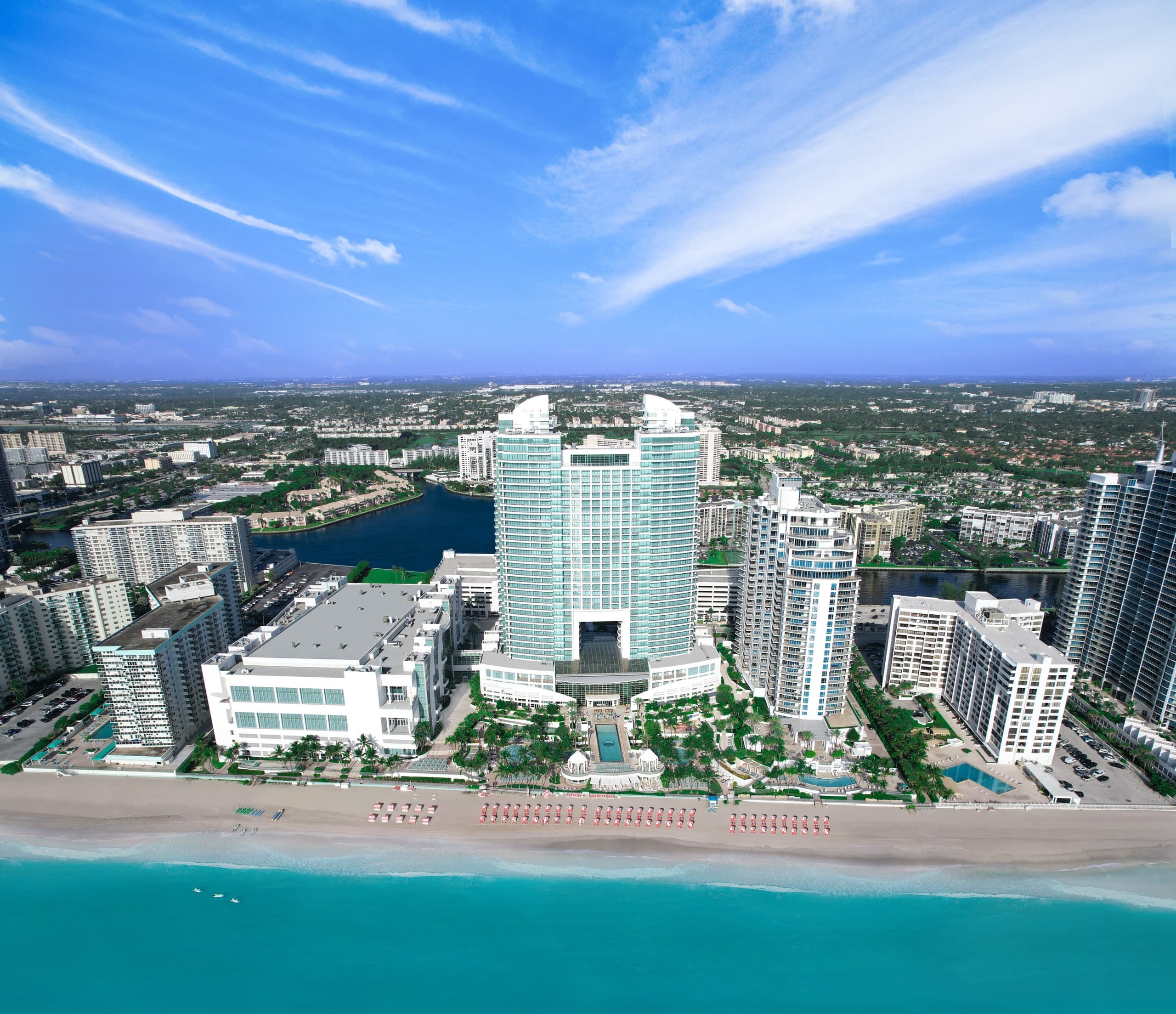 Aerial beachfront resort and turquoise Atlantic coastline, Miami