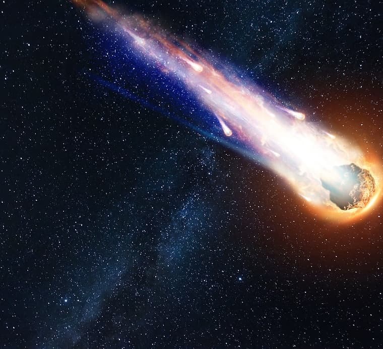 Sizzling meteor streaking through outer space toward Earth atmosphere
