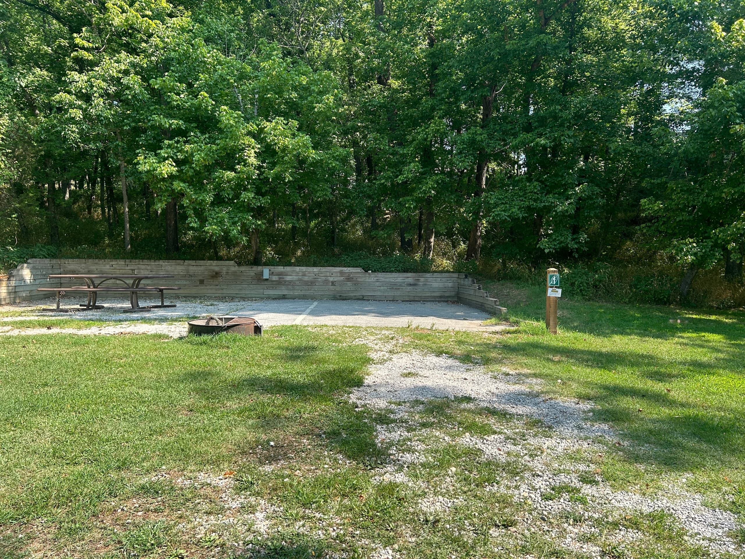 Open meadow campsite with fire ring and picnic table, sunny field