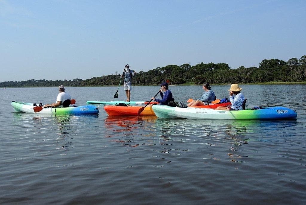 Guided kayak tour on calm bay with mixed group paddling