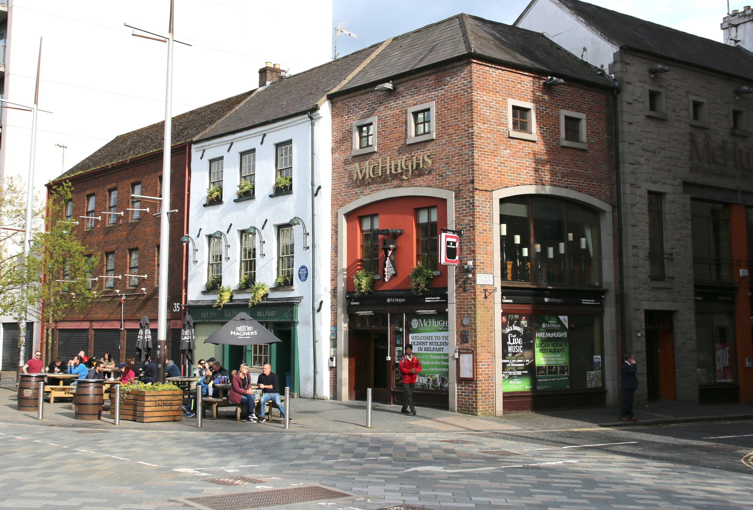 Historic town square with outdoor cafes and pedestrian plaza