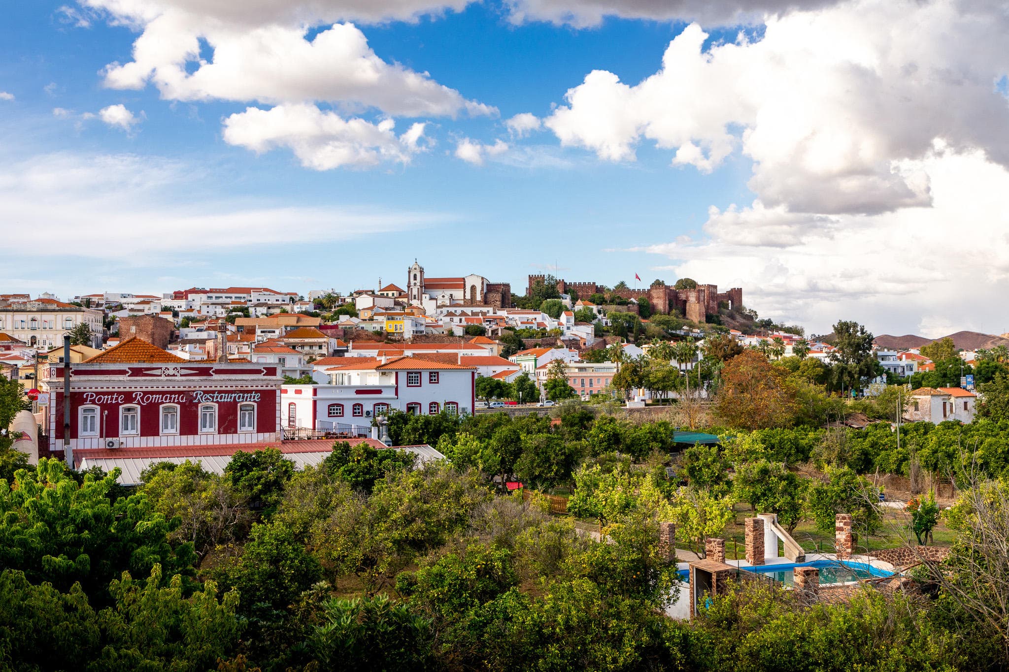 Historic hilltop town panoramic view over green landscape