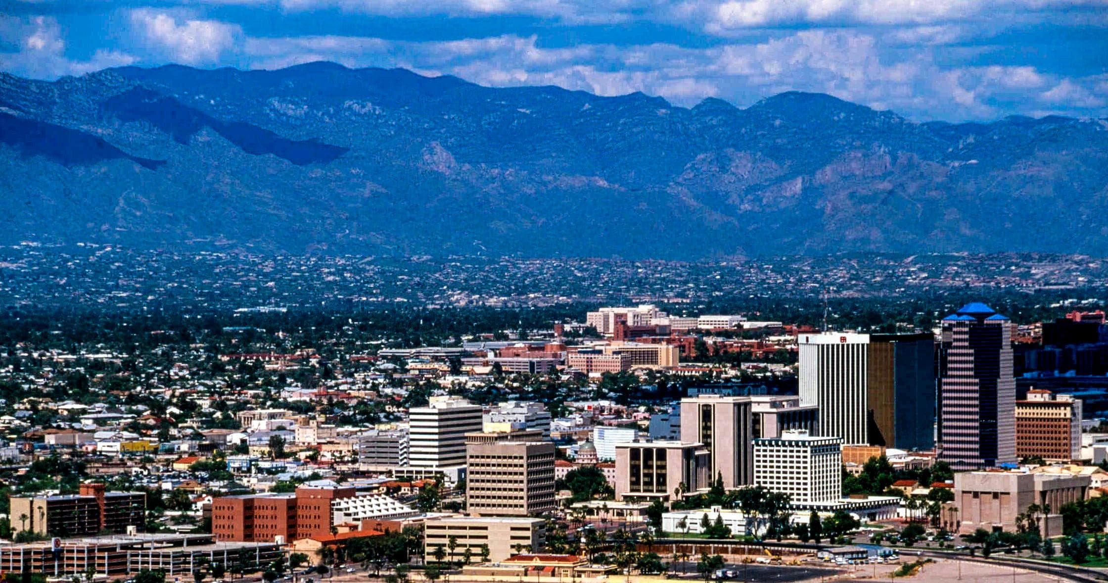 Tucson skyline with mountain backdrop showcasing cityscape views