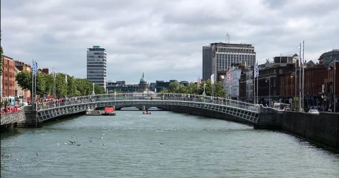 Scenic River Liffey view with city skyline, ideal Dublin hero shot