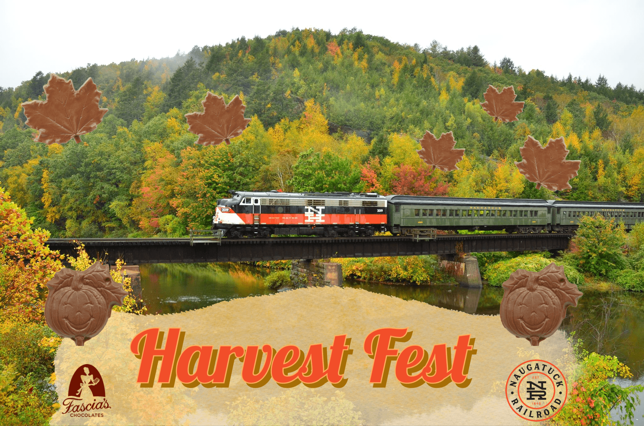 Scenic fall train crossing river bridge through autumn forest