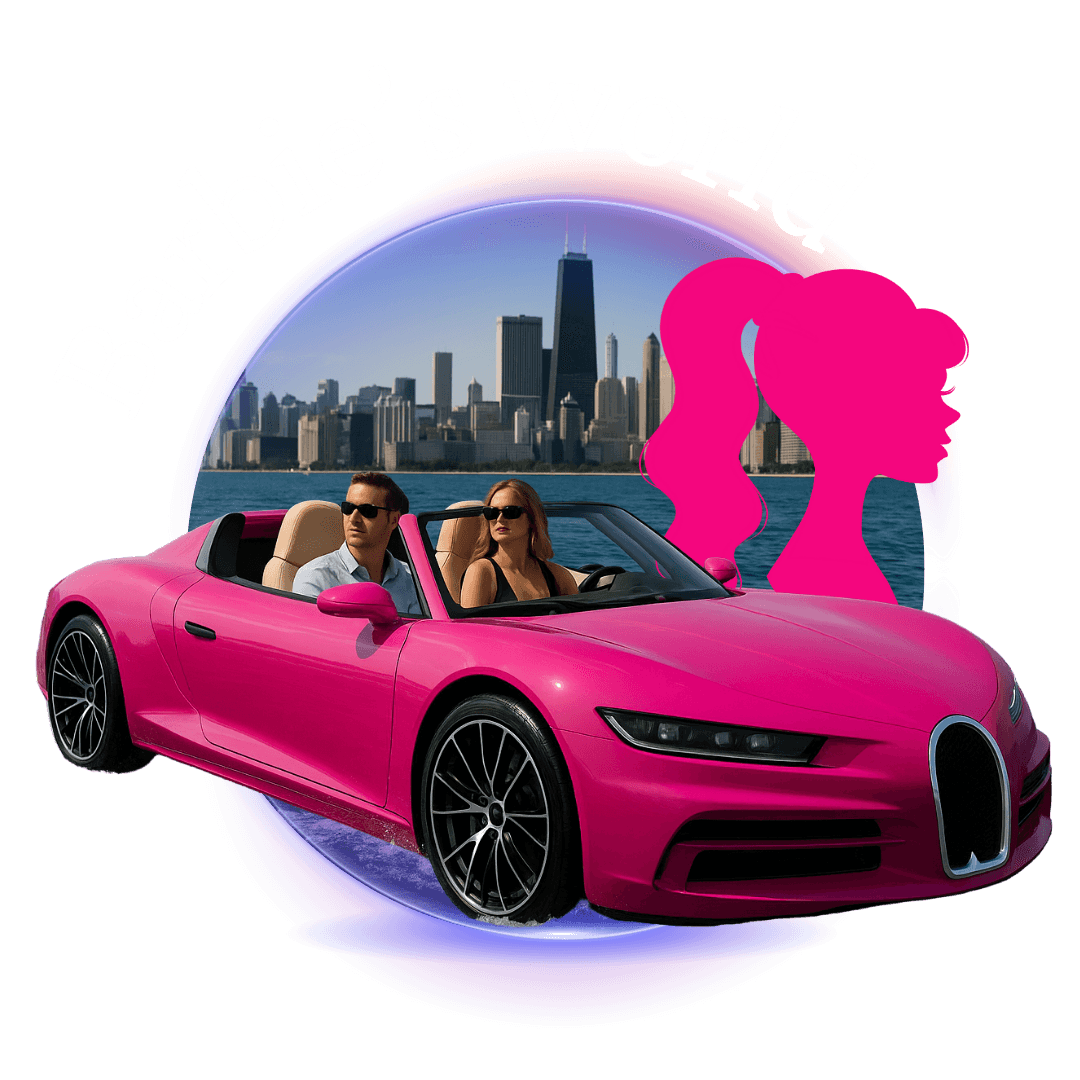 Pink convertible driving along Chicago skyline waterfront