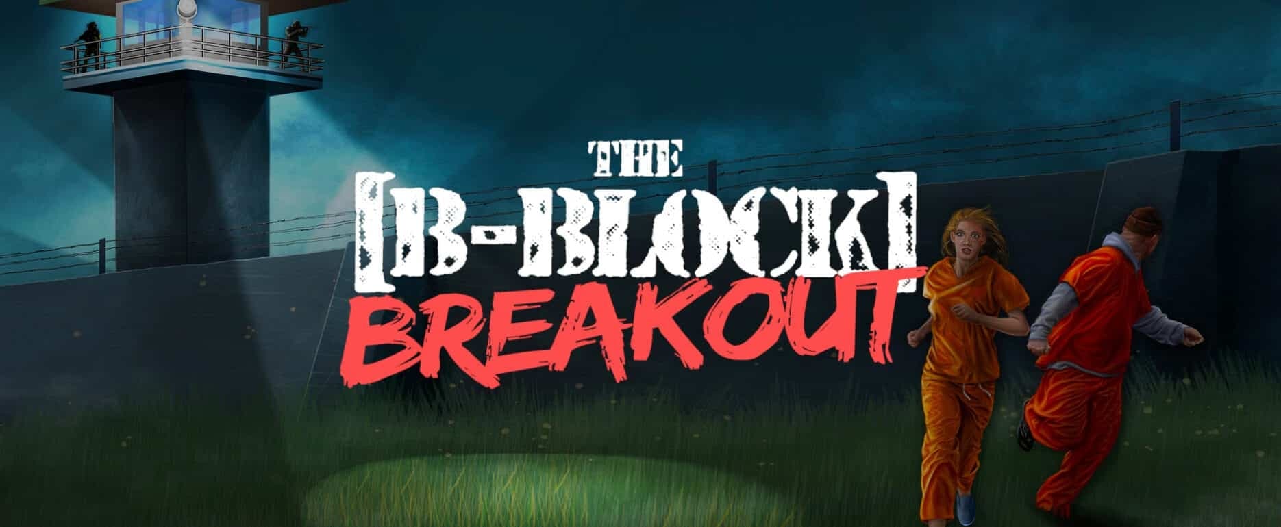 Prison breakout scene at foggy compound, outdoor escape action