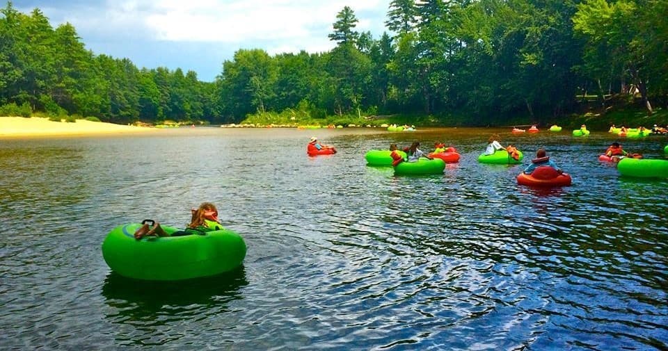 Group rafting team navigating gentle river rapids in forest