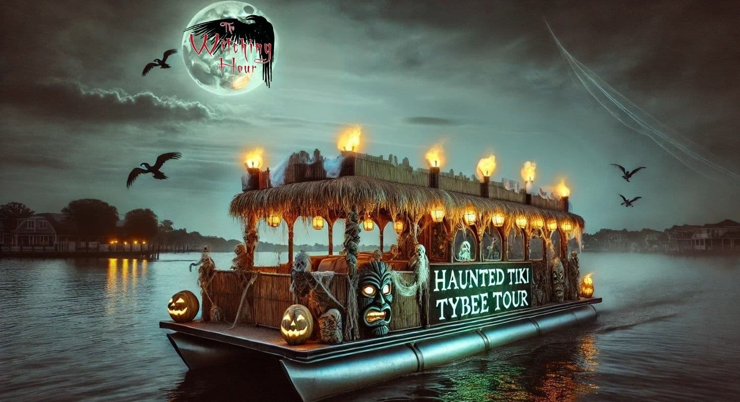 Haunted tiki-themed boat tour at night on coastal waters near Tybee