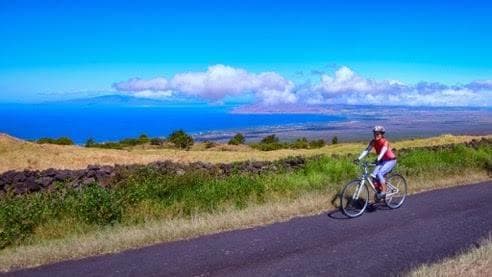 Solo cyclist riding along dramatic Maui coastline with ocean