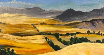 Sunlit rolling fields landscape painting of rural countryside vista