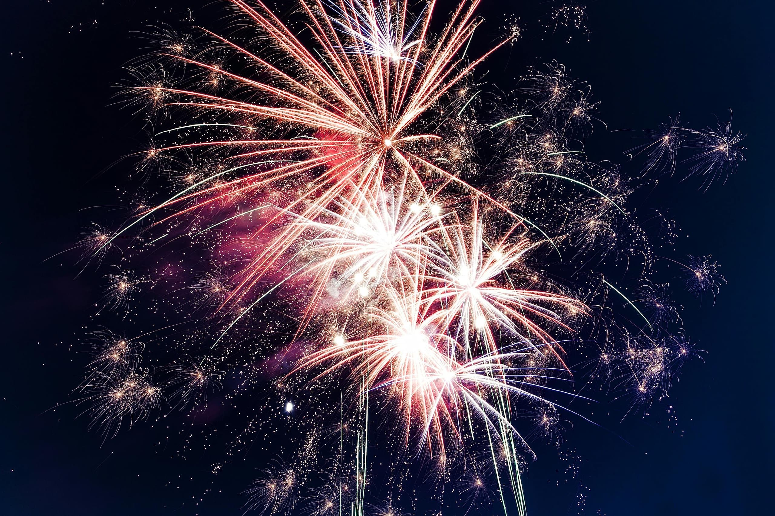 Nighttime fireworks display over harbor skyline during celebration