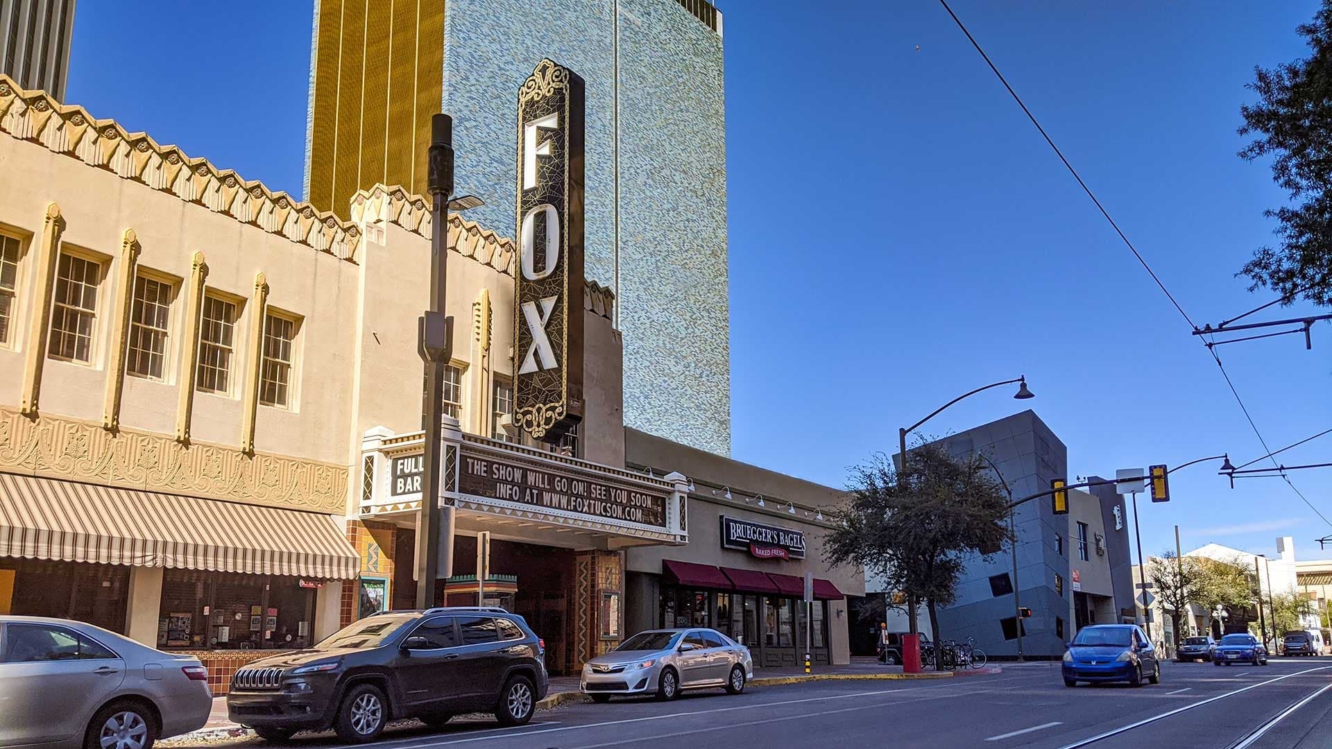 Historic Fox Theater facade on Tucson downtown street, daytime