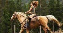 Woman galloping on palomino horse through forested mountain trail