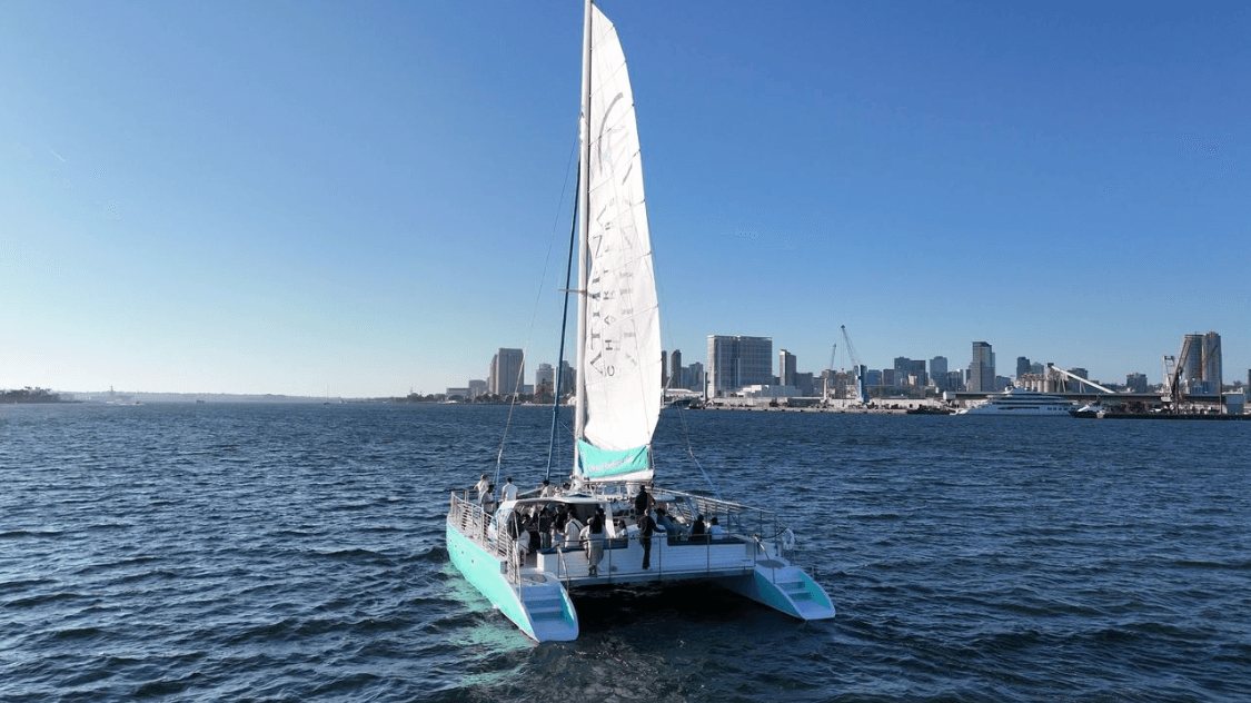 Front-view catamaran sailing in San Diego Bay with skyline horizon
