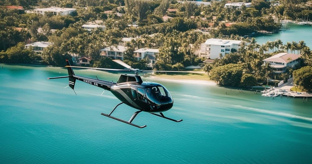 Helicopter hovering above turquoise coastal waters and homes