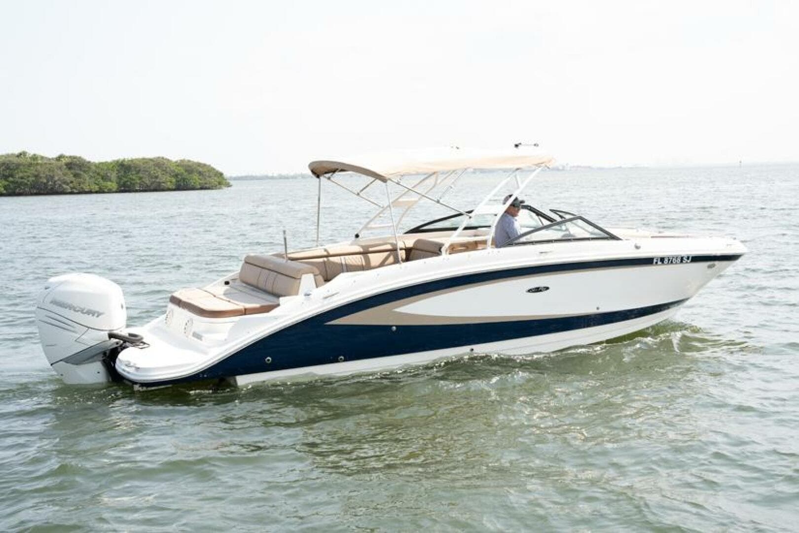 Luxury bowrider boat anchored near tropical shoreline waters