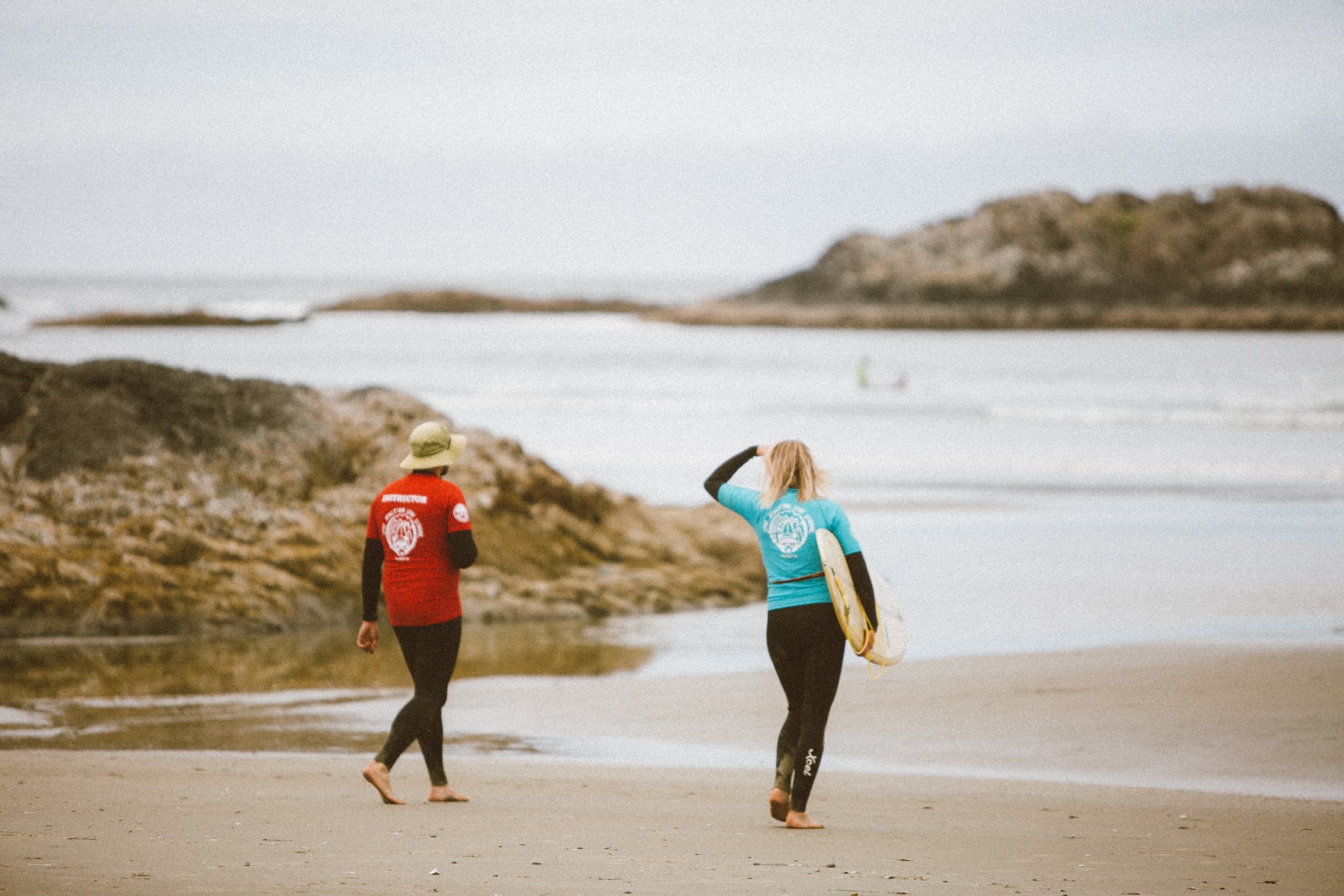 Surfers walking along rocky beach shoreline with boards