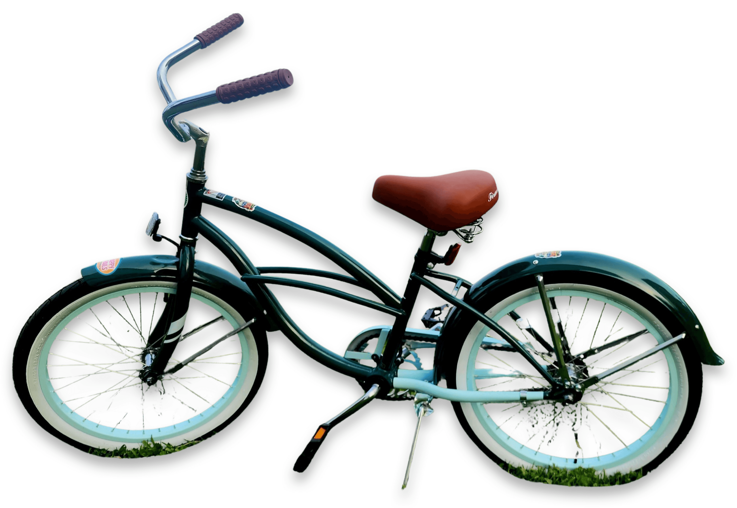 Vintage teal cruiser bicycle with leather saddle on white backdrop