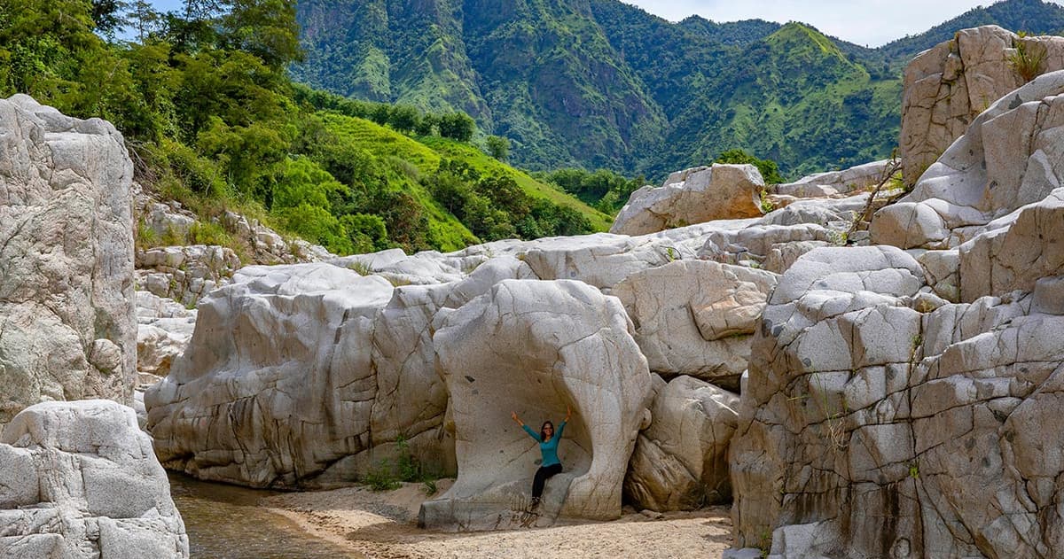 Granite canyon and hiking area with mountain backdrop, Puerto Rico