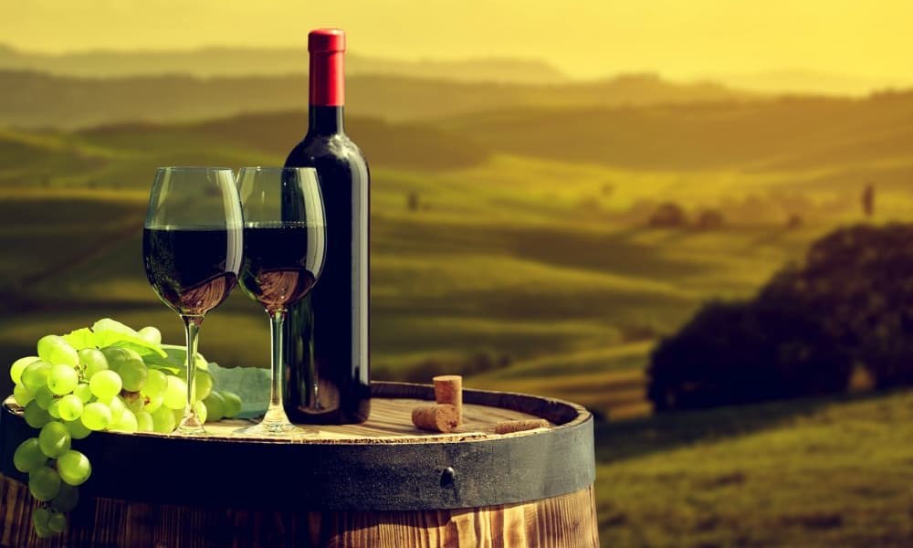 Wine bottle and glasses on barrel overlooking vineyard landscape
