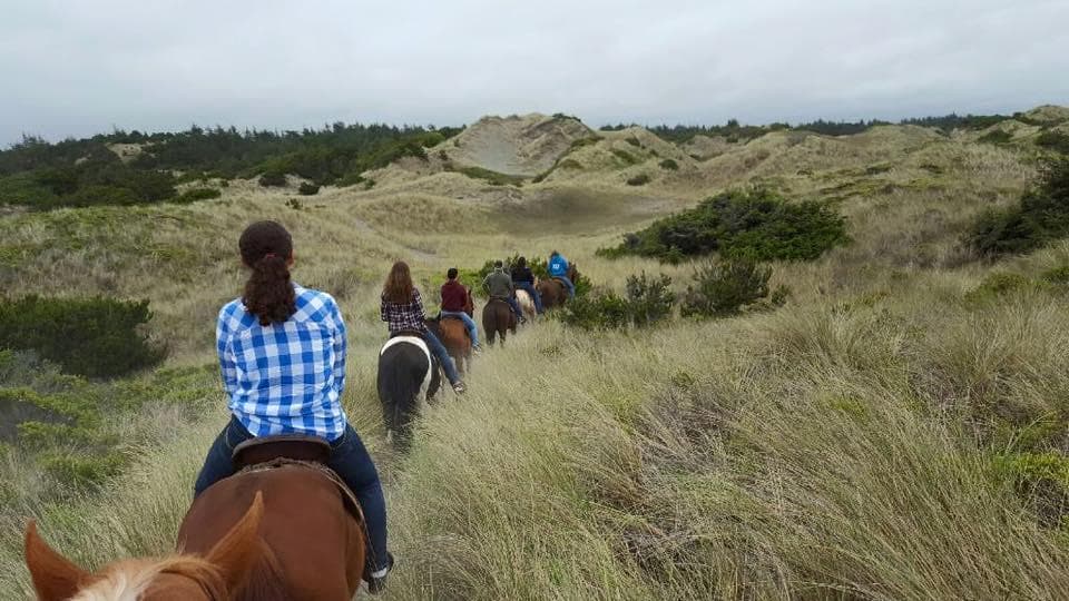 Group horseback trail through coastal sand dunes with view ahead