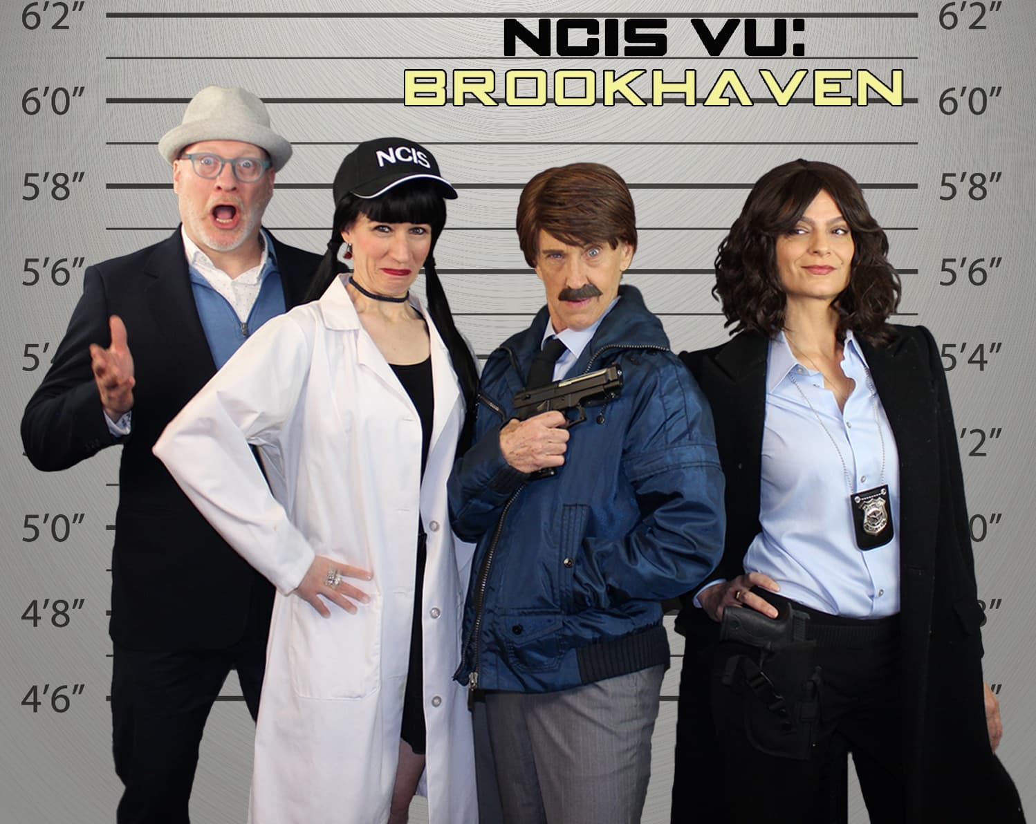 Detective team posing in police lineup backdrop for spoof mystery