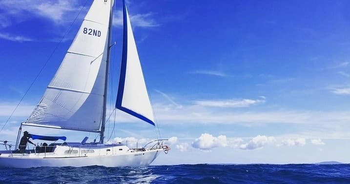 Sailboat cruising on open Caribbean waters with blue sky