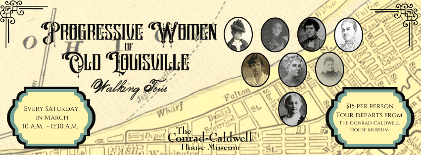 Progressive Women exhibit banner at Conrad-Caldwell, historic portraits and map