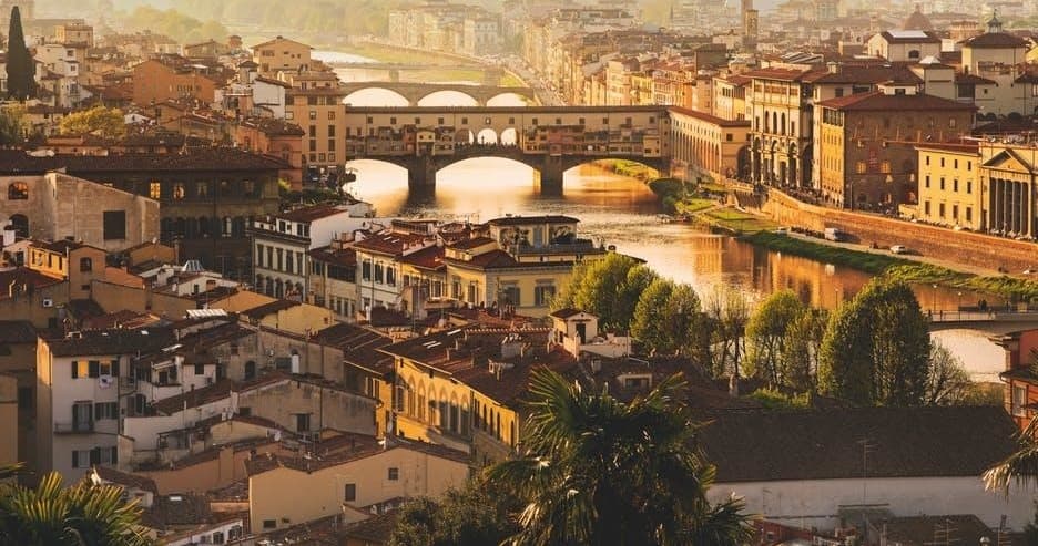 Sunset aerial view of Florence and Arno river in Tuscany