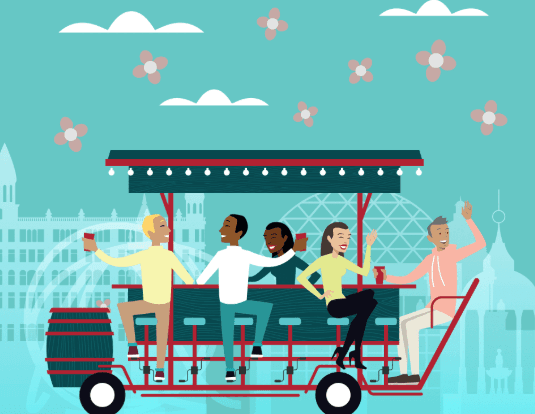 Close-up of passengers enjoying a pedal pub bike tour in London