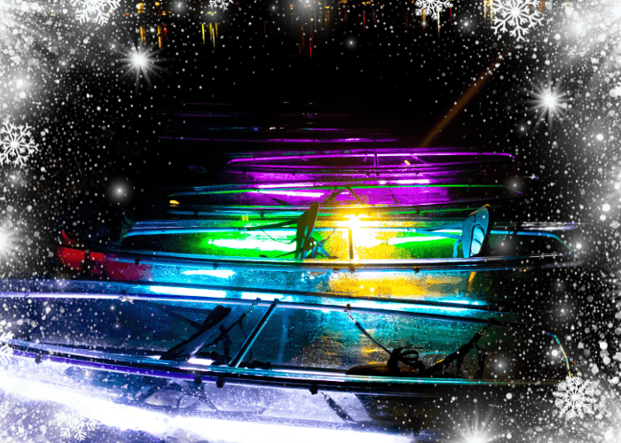 Colorful glowing kayaks with stylized effects, promotional Key West