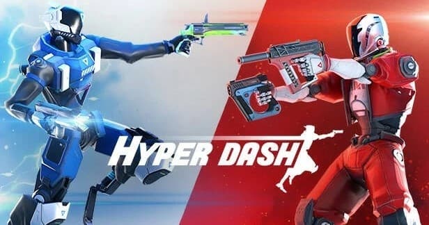 Competitive VR arena duel with players dodging and shooting