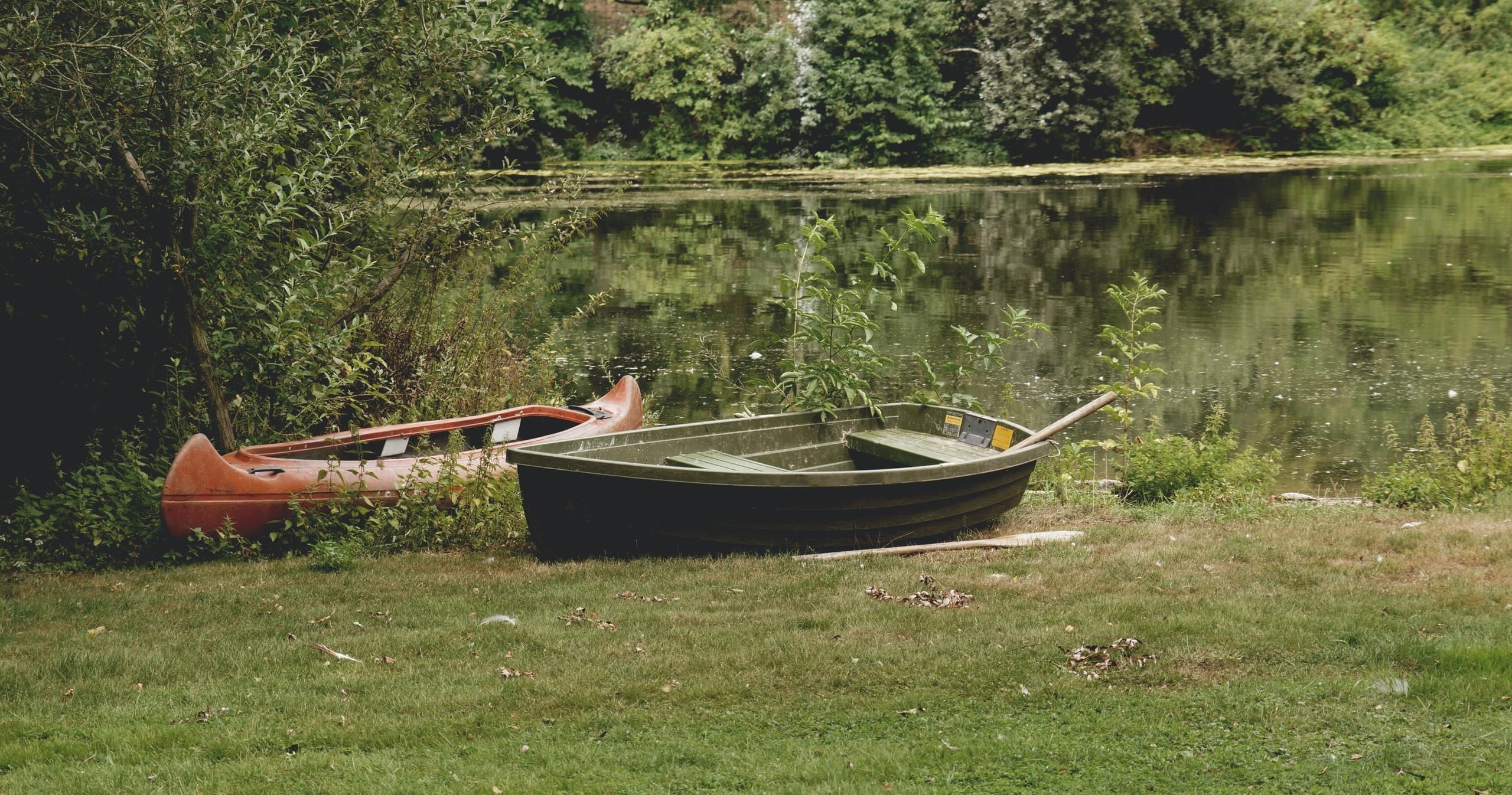 Two small boats pulled ashore by a quiet woodland lake
