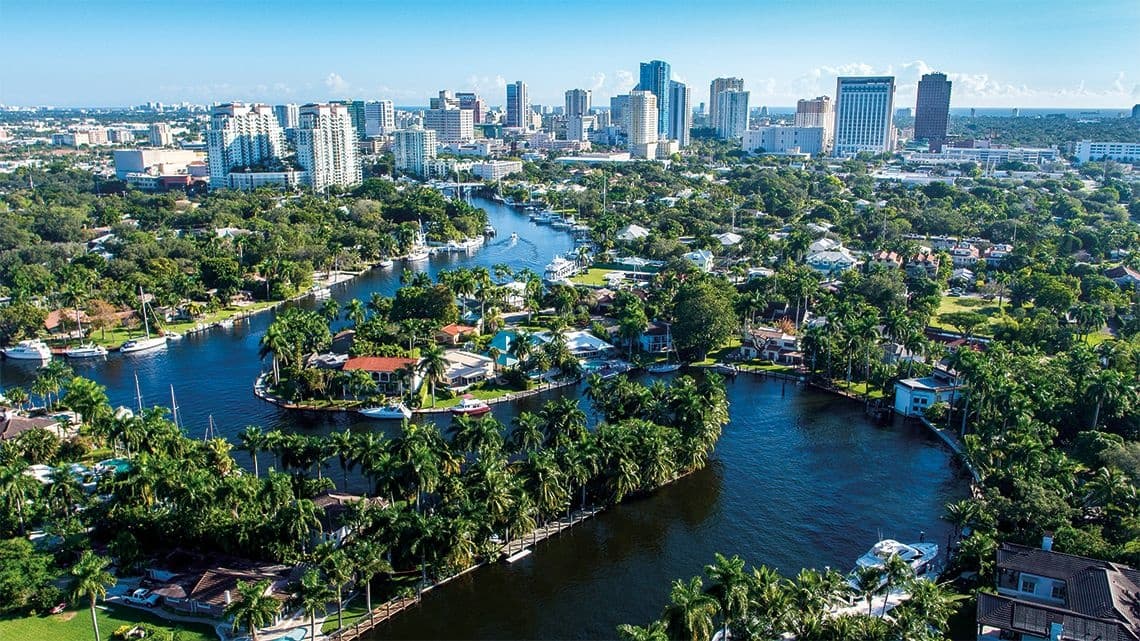 Aerial view of Florida canals and waterfront neighborhoods