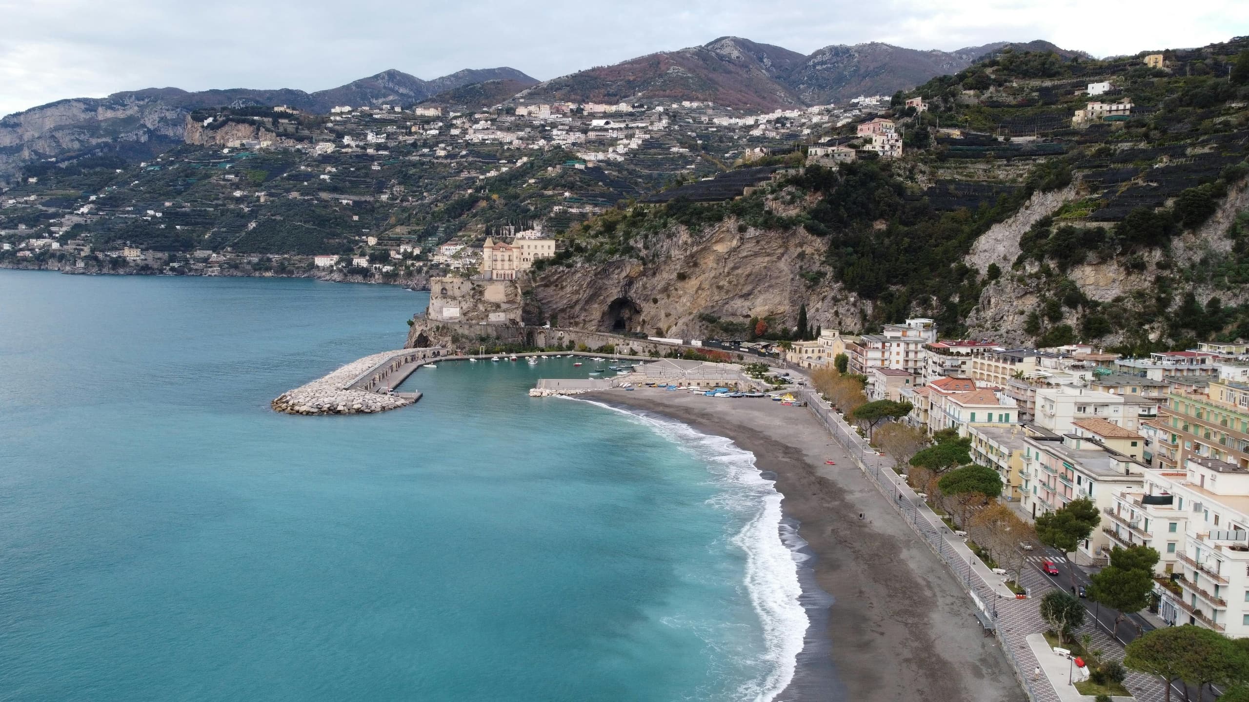 Coastal bay panorama with beaches and seaside town vistas