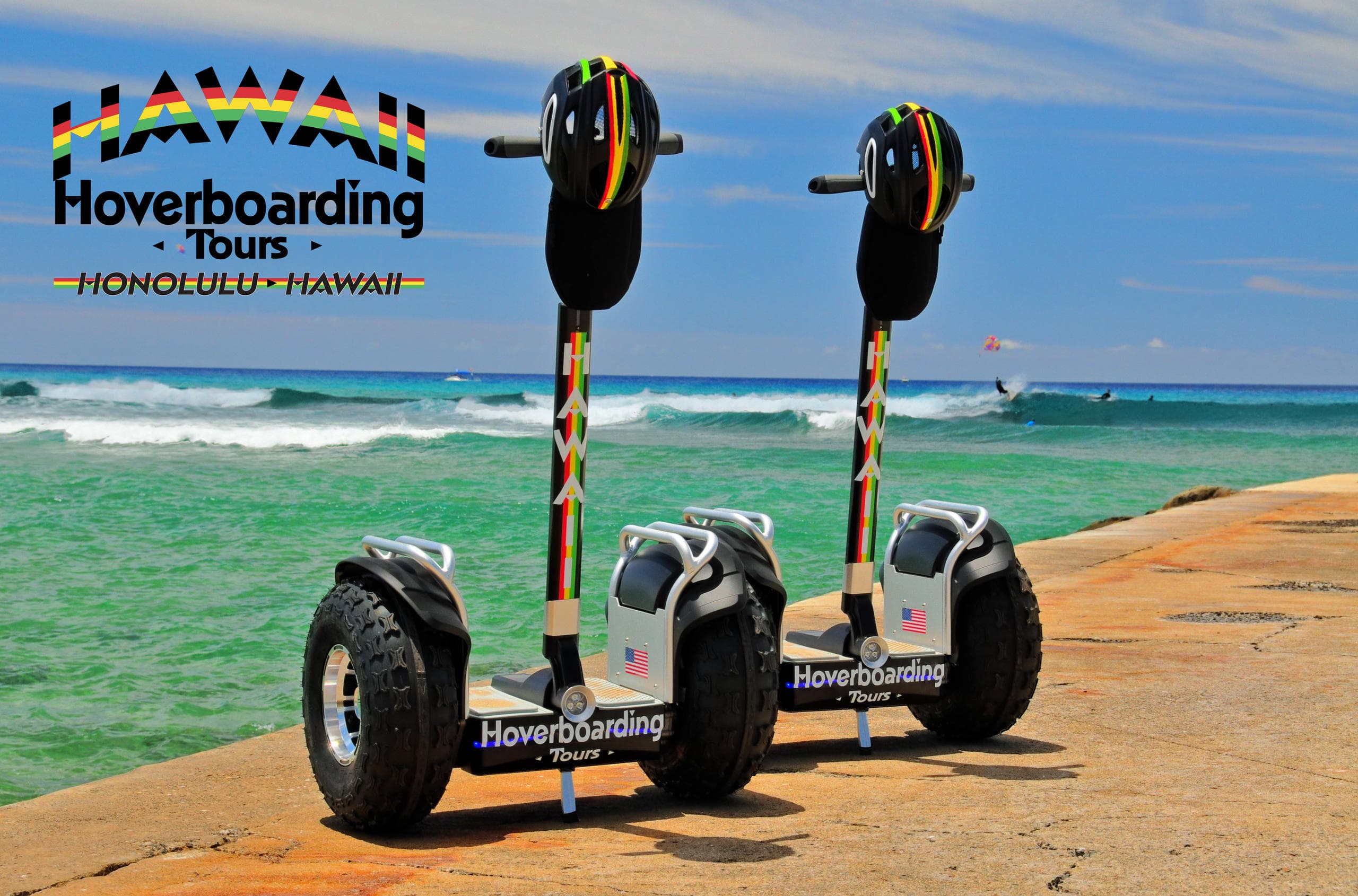 Two hoverboards parked on seaside walkway in Honolulu