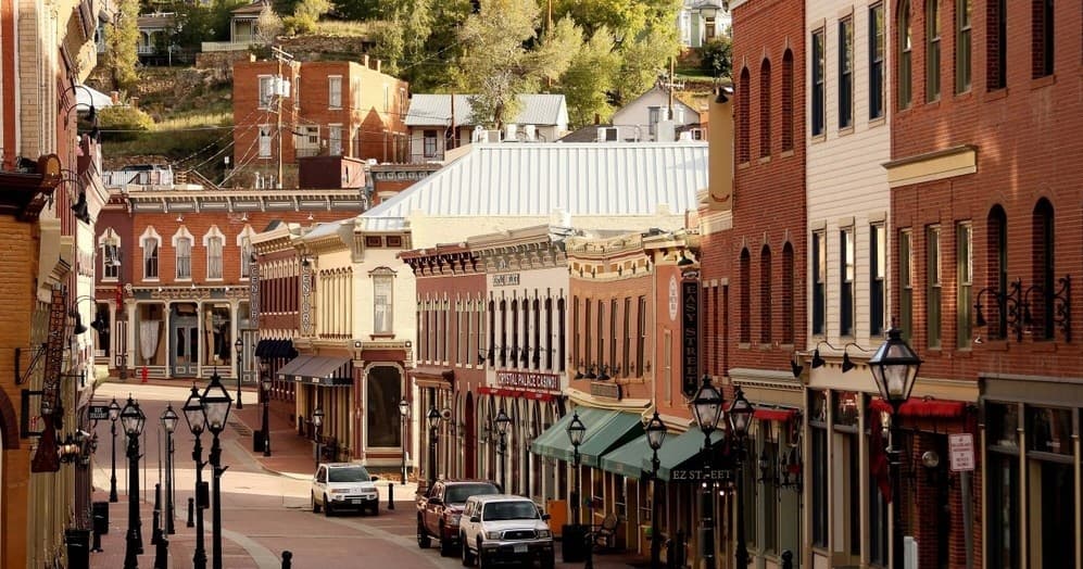 Historic mountain town main street scene showcasing outdoor culture