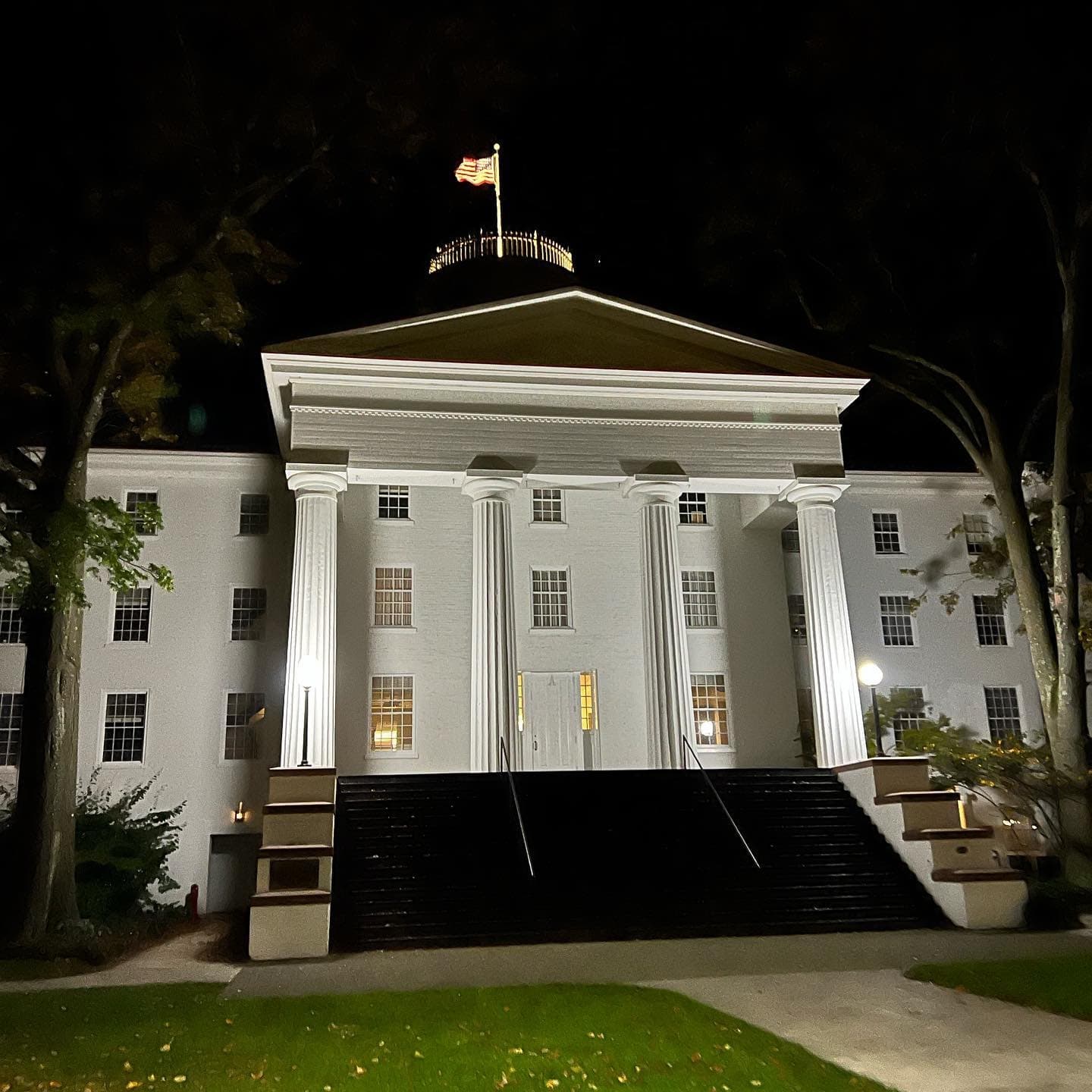 Nighttime illuminated Gettysburg columned courthouse exterior